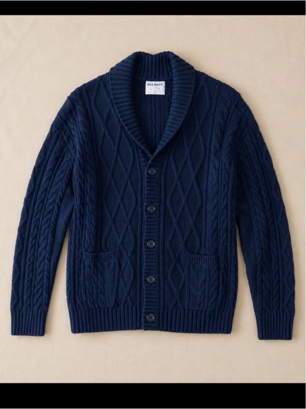 Old Navy Shawl Collar Fisherman Cardigan Men Large Cable Knit Navy Blue Cozy